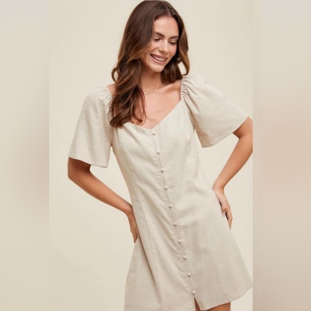 Abercrombie & Fitch Linen Blend Mini Dress with Puff Sleeves
